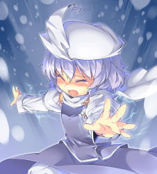 Rule 34 | 1girl, closed eyes, female focus, hat, highres, kokka han, letty whiterock, light purple hair, open mouth, outstretched arms, solo, sparks, tears, touhou