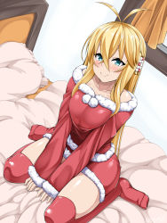 Rule 34 | 1girl, ahoge, amau (kosmos), bare shoulders, bed, blonde hair, blue eyes, blush, breasts squeezed together, breasts, christmas, collarbone, female focus, full body, hair ornament, indoors, kneeling, large breasts, miniskirt, red thighhighs, santa costume, shirt, sitting, skirt, smile, solo, thighhighs, tsurumaki maki, voiceroid, wariza