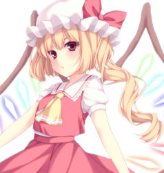 Rule 34 | &gt;:o, 1girl, :o, arms at sides, ascot, blonde hair, blush, bow, collared shirt, cowboy shot, crystal, flandre scarlet, frilled shirt collar, frills, hat, hat bow, kabata (mechisan), looking at viewer, mob cap, puffy short sleeves, puffy sleeves, red bow, red eyes, red skirt, red vest, shirt, short hair with long locks, short sleeves, side ponytail, skirt, skirt set, solo, touhou, v-shaped eyebrows, white background, white shirt, wings