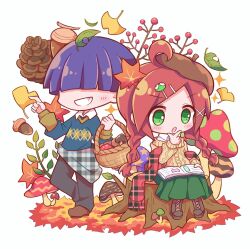 1boy 1girl :d :o ahoge alternate_costume alternate_hairstyle andou_ringo argyle_clothes argyle_sweater autumn basket beret blue_sweater blunt_bangs book boots braid branch brown_footwear brown_hat character_hair_ornament chibi chibi_only clothes_around_waist collared_shirt diorama falling_leaves finger_to_own_chin foot_dangle fringe_trim full_body futaba969649 ginkgo_leaf green_eyes green_skirt grin hair_ornament hair_over_eyes hairpin hand_up hands_up hat highres holding holding_basket holding_book l_hand layered_sleeves leaf leaf_pile long_bangs long_hair long_skirt long_sleeves maple_leaf mini_hat mushroom no_nose off-shoulder_sweater off_shoulder open_mouth pinecone plaid_clothes plaid_skirt purple_hair puyopuyo reading red_hair sasaki_maguro scarf shirt shoes short_hair side-by-side side_part simple_background sitting sitting_on_tree_stump skirt smile standing standing_on_one_leg sweater sweater_vest twin_braids unmoving_pattern unworn_scarf white_background wing_collar x_hair_ornament yellow_sweater_vest