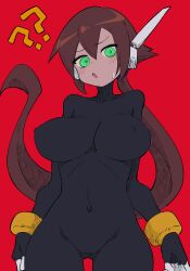 Rule 34 | 1girl, ?, ??, absurdres, aile (mega man zx), black bodysuit, blush, bodysuit, breasts, brown hair, buzzlyears, covered erect nipples, covered navel, gluteal fold, green eyes, highres, large breasts, long hair, looking at viewer, mega man (series), mega man zx, mega man zx advent, ponytail, red background, robot ears, solo, sweat