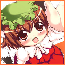 Rule 34 | 1girl, animal ears, blush, border, brown eyes, brown hair, cat ears, cat girl, cat tail, chen, chibi, child, fang, female focus, from above, hat, neko usagi, open mouth, red border, red eyes, solo, tail, touhou