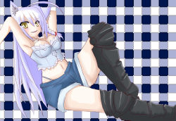Rule 34 | 1girl, ahoge, animal ears, artist request, boots, braid, breasts, bustier, cat ears, cleavage, dog days, grin, leonmitchelli galette des rois, long hair, looking at viewer, medium breasts, midriff, navel, open mouth, short shorts, shorts, silver hair, smile, thong, very long hair, yellow eyes