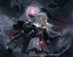 Rule 34 | 1girl, arknights, arm behind back, belt, black gloves, black jacket, closed mouth, cloud, cloudy sky, dual persona, expressionless, floating, floating object, from below, gloves, grey eyes, gun, hair ornament, highres, irene (arknights), jacket, lantern, layered skirt, long hair, long sleeves, looking at viewer, looking down, outdoors, puffy long sleeves, puffy sleeves, purple skirt, rain, sheath, sheathed, skirt, sky, sword, wading, water, weapon, white hair, white skirt