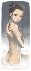 Rule 34 | 1girl, ass, back, brown eyes, brown hair, copyright request, double bun, hair up, looking at viewer, nagi ryou, onsen, solo, towel, wading, water, wet, wet hair