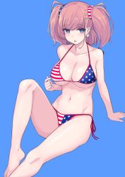 Rule 34 | 1girl, alternate costume, american flag, american flag bikini, american flag print, atlanta (kancolle), bare arms, bare legs, bare shoulders, barefoot, bikini, blue background, blush, breasts, brown hair, cleavage, collarbone, earrings, flag print, grey eyes, hair ornament, hair scrunchie, halterneck, highres, jewelry, kantai collection, kumadano, large breasts, long hair, looking at viewer, navel, open mouth, print bikini, scrunchie, side-tie bikini bottom, simple background, sitting, solo, star (symbol), star earrings, stomach, string bikini, swimsuit, two side up