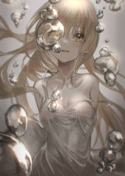 Rule 34 | 1girl, air bubble, arms behind back, bare shoulders, blonde hair, blush, breasts, bubble, commentary request, dress, floating hair, grey hair, hair between eyes, heterochromia, highres, light brown hair, long hair, looking at viewer, marutani, original, parted lips, sleeveless, sleeveless dress, solo, straight hair, strap gap, strap slip, strapless, strapless dress, submerged, sundress, upper body, white dress, yellow eyes