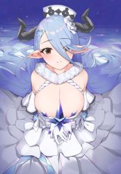 Rule 34 | 1girl, absurdres, blue hair, breasts, brown eyes, cleavage, draph, dress, gloves, granblue fantasy, hair over one eye, hat, highres, hinataa, horns, ice crystal, izmir, large breasts, long dress, long hair, pointy ears, smile, solo, very long hair, white gloves