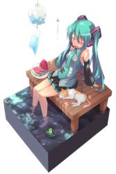 Rule 34 | 1girl, aqua hair, arm support, barefoot, cat, closed eyes, detached sleeves, dock, faux figurine, food, frog, fruit, full body, hatsune miku, headphones, headset, highres, isometric, long hair, necktie, rokushou, shade, simple background, sitting, skirt, soaking feet, solo, summer, twintails, vocaloid, water, watermelon, wind chime
