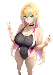 Rule 34 | 1girl, absurdres, black choker, black nails, black one-piece swimsuit, blonde hair, breasts, choker, cleavage, colored inner hair, competition swimsuit, covered navel, feet out of frame, green eyes, grin, gyaru, highres, kogal, large breasts, multicolored clothes, multicolored hair, multicolored swimsuit, nail polish, one-piece swimsuit, original, piercing, pink hair, ranhatu, smile, solo, standing, streaked hair, swimsuit, white background