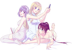 Rule 34 | 3girls, alushe anatolia, bed, blonde hair, blue eyes, blush, book, breasts, cleavage, collarbone, embarrassed, fff threesome, green eyes, group sex, kneeling, large breasts, liliana sailfin, long hair, looking at another, louenhide ariarhod, multiple girls, neck, ponytail, purple eyes, purple hair, reading, red hair, simple background, sitting, surprised, threesome, very long hair, white background, yoru no nai kuni, yoru no nai kuni 2, yuri