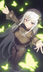 Rule 34 | &gt;:), 1girl, arms up, black dress, blurry, blush, breasts, brown eyes, bug, butterfly, butterfly hair ornament, closed mouth, dark background, depth of field, dress, echidna (re:zero), foreshortening, from above, full body, glowing butterfly, hair ornament, highres, bug, long hair, long sleeves, looking at viewer, looking up, medium breasts, re:zero kara hajimeru isekai seikatsu, seon (seonon ), silver hair, smile, solo, very long hair