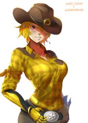 Rule 34 | 1girl, amputee, blonde hair, breasts, cowboy hat, gloves, hand on belt, hat, highres, large breasts, prosthesis, prosthetic arm, purple eyes, rwby, short hair, smile, yang xiao long