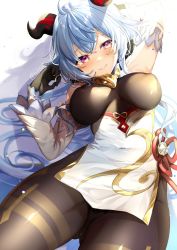 Rule 34 | 1girl, ahoge, armpits, artist name, bare shoulders, bell, black gloves, blue hair, blush, brown leotard, chinese knot, commentary, covered erect nipples, covered navel, cowbell, detached sleeves, flower knot, ganyu (genshin impact), genshin impact, gloves, gluteal fold, goat horns, gold trim, horns, leotard, long hair, looking at viewer, purple eyes, smile, sunlight, teltelhousi