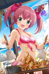 Rule 34 | 1girl, absurdres, alternative girls, bare arms, bare shoulders, beach, bikini, bow, breasts, chair, cleavage, cooking, day, food, green eyes, highres, holding, holding spatula, looking at viewer, mano sakurako, ocean, official art, open mouth, pink bikini, pink bow, pink hair, pink ribbon, ribbon, small breasts, smile, solo, spatula, standing, sunlight, swimsuit, table, twintails