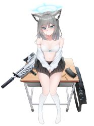 Rule 34 | 1girl, absurdres, animal ears, arms between legs, assault rifle, bag, bare shoulders, black skirt, blue archive, blue eyes, blush, bra, breasts, bullet, cat ears, cleavage, clipstupid, commentary request, cross hair ornament, desk, earrings, full body, grey hair, gun, hair ornament, halo, highres, jewelry, kneehighs, long hair, long sleeves, looking at viewer, magazine (weapon), no shoes, rifle, school bag, school desk, school uniform, shiroko (blue archive), shirt, unworn shirt, sig sauer 556, simple background, sitting, skirt, small breasts, socks, solo, strap slip, stud earrings, underwear, weapon, weapon request, white background, white bra, white shirt, white socks