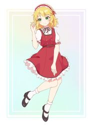 Rule 34 | 1girl, absurdres, black footwear, blonde hair, blush, buttons, commentary, dot nose, dress, flat chest, frilled hairband, frilled skirt, frills, full body, gradient background, green eyes, hair between eyes, hairband, hand on own thigh, hand up, highres, idolmaster, idolmaster cinderella girls, idolmaster cinderella girls u149, legs, mary janes, medium hair, midair, playing with own hair, puffy short sleeves, puffy sleeves, red dress, red hairband, sakurai momoka, shirt, shoes, short sleeves, sidelocks, skirt, smile, socks, solo, teakettle hot, wavy hair, white shirt, white socks