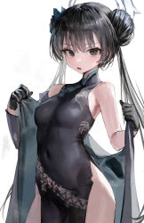 Rule 34 | 1girl, black dress, black eyes, black gloves, black hair, blue archive, breasts, butterfly hair ornament, china dress, chinese clothes, coat, covered navel, double bun, dragon print, dress, gloves, hair bun, hair ornament, halo, highres, impossible clothes, impossible dress, kisaki (blue archive), long hair, long sleeves, looking at viewer, medium breasts, microdress, open clothes, open coat, parted lips, pelvic curtain, print dress, revision, side slit, simple background, skin tight, sleeveless, sleeveless dress, solo, striped, striped coat, twintails, white background, yonchan