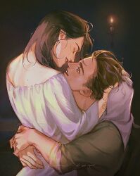 Rule 34 | 1boy, 1girl, arms around waist, artist name, black hair, brown hair, candle, closed eyes, couple, eren yeager, facial scar, green shirt, hand in another&#039;s hair, hetero, imminent kiss, lacampanule, long sleeves, looking at another, medium hair, mikasa ackerman, parted lips, scar, scar on cheek, scar on face, shingeki no kyojin, shirt, signature, sleeves rolled up, smile, upper body, white shirt