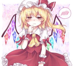 Rule 34 | 1girl, ascot, blonde hair, blush, bow, commentary request, crystal, eyebrows, flandre scarlet, frilled hat, frilled shirt collar, frilled skirt, frills, hat, hat ribbon, mob cap, puffy short sleeves, puffy sleeves, red bow, red ribbon, red skirt, red vest, ribbon, short eyebrows, short sleeves, side ponytail, skirt, solo, spoken blush, touhou, vest, white hat, wings, wrist cuffs, yellow eyes, yuria (kittyluv)