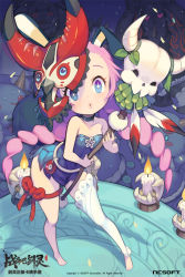 Rule 34 | 1000marie, 10s, 1girl, :o, animal ears, asymmetrical legwear, bare shoulders, barefoot, black leotard, blade &amp; soul, blue eyes, rabbit ears, candle, candlestand, choker, collarbone, company name, confetti, creature, eyelashes, feathers, feet, fire, frills, highres, holding, horns, leaf, leaning forward, legs apart, leotard, lips, long hair, looking at viewer, mask, mask on head, pink hair, pom pom (clothes), rope, shadow, skull, solo focus, standing, strapless, strapless leotard, thigh strap, twintails, uneven legwear, white legwear