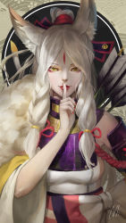 Rule 34 | 1girl, absurdres, animal ears, armor, arrow (projectile), artist name, bow, braid, breasts, detached sleeves, facial mark, finger to mouth, fingernails, forehead mark, fur, gorget, hair ornament, hair ribbon, hakurou (onmyoji), high ponytail, highres, index finger raised, japanese armor, long fingernails, long hair, looking at viewer, mi (630956686), nail polish, onmyoji, red lips, red nails, ribbon, sash, seigaiha, shade, shoulder armor, shushing, sideboob, signature, smiley face, sode, solo, tress ribbon, twin braids, upper body, white hair, wolf ears, yellow eyes