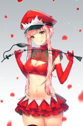 Rule 34 | 1girl, :q, ayami (annahibi), breasts, cleavage, cleavage cutout, clothing cutout, cowboy shot, fate/grand order, fate (series), gradient background, has bad revision, hat, highres, holding, holding riding crop, long hair, looking at viewer, md5 mismatch, medb (alluring chief warden look) (fate), medb (fate), medium breasts, midriff, military hat, navel, peaked cap, petals, pink hair, resolution mismatch, riding crop, rose petals, skirt, smile, solo, source smaller, tongue, tongue out