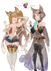 Rule 34 | 2girls, alternate costume, animal ears, backless outfit, breasts, cosplay, costume switch, detached collar, dress, elbow gloves, erune, gloves, granblue fantasy, hair ornament, halterneck, hand on own hip, highres, large breasts, metera (granblue fantasy), miniskirt, multiple girls, n9+, nervous smile, one eye closed, open mouth, short hair, siblings, sideboob, sisters, skirt, smile, sutera (granblue fantasy), thighhighs, twintails