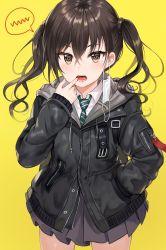 Rule 34 | 1girl, :o, absurdres, bad id, bad twitter id, black jacket, black skirt, blush, brown eyes, brown hair, collared shirt, commentary, cowboy shot, drawstring, green necktie, hair between eyes, hand in pocket, highres, hood, hood down, hooded jacket, idolmaster, idolmaster cinderella girls, jacket, legs apart, long hair, long sleeves, looking at viewer, mask, miniskirt, mole, mole under eye, mouth mask, mouth pull, necktie, open mouth, pleated skirt, sharp teeth, shirt, sidelocks, simple background, skirt, sleeves past wrists, solo, speech bubble, standing, striped necktie, striped neckwear, sunazuka akira, surgical mask, teeth, tokkyu, twintails, wavy hair, white shirt, yellow background