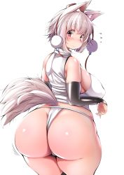 Rule 34 | 1girl, animal ears, ass, bare shoulders, black legwear, blouse, blush, breasts, curvy, fundoshi, highres, huge ass, huge breasts, inubashiri momiji, japanese clothes, jiggle, long hair, looking at viewer, pom pom (clothes), red eyes, shirt, shishi juuroku, sideboob, simple background, sleeveless, sleeveless shirt, solo, tail, thick thighs, thighs, touhou, white background, white hair, wide hips, wolf ears, wolf girl, wolf tail