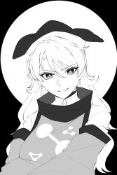 Rule 34 | 1girl, black background, casimia, collared shirt, greyscale, hair between eyes, highres, looking at viewer, matara okina, monochrome, shirt, solo, tabard, touhou, upper body, white background