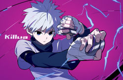 Rule 34 | 1boy, absurdres, bandages, bandaged hand, bandages, blue eyes, character name, fami (yellow skies), grey hair, highres, hunter x hunter, killua zoldyck, long sleeves, looking at viewer, male focus, messy hair, purple background, simple background, solo, upper body, yo-yo