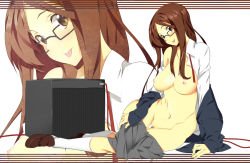 Rule 34 | 00s, 1girl, :p, bad id, bad pixiv id, blush, breasts, brown hair, female pubic hair, glasses, hip focus, k-on!, large breasts, long hair, lying, nanao (mahaya), pubic hair, pussy, school uniform, solo, tongue, tongue out, uncensored, undressing, wide hips, yamanaka sawako, zoom layer