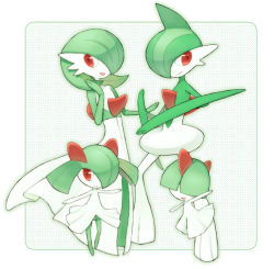 Rule 34 | bad id, bad pixiv id, creatures (company), evolutionary line, floating, gallade, game freak, gardevoir, gen 3 pokemon, gen 4 pokemon, green hair, hair over eyes, hand in own hair, kirlia, midori maccha, nintendo, open mouth, outstretched arms, pokemon, pokemon (creature), ralts, red eyes, simple background, smile