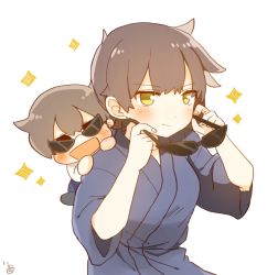 Rule 34 | 10s, 2girls, alternate color, artist name, brown hair, chibi, commentary request, dual persona, unworn eyewear, ina (1813576), japanese clothes, kaga (kancolle), kantai collection, multiple girls, short sidetail, signature, smile, sparkle, sunglasses, yellow eyes