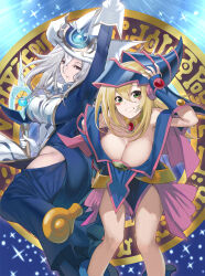 Rule 34 | 2girls, arm up, bare shoulders, blonde hair, blue footwear, blue headwear, blush stickers, boots, breasts, choker, cleavage, dark magician girl, dress, duel monster, gloves, green eyes, grey hair, hair between eyes, hat, highres, hip vent, holding, holding staff, large breasts, long hair, looking at viewer, multiple girls, pentacle, purple eyes, silent magician, smile, staff, white gloves, witch hat, wizard hat, yappen, yu-gi-oh!