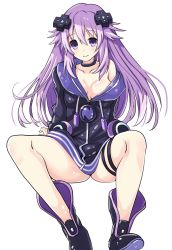 Rule 34 | adult neptune, boots, breasts, choker, cleavage, hair between eyes, hair ornament, hairclip, highres, iwashi dorobou -r-, large breasts, long hair, neptune (neptunia), neptune (series), no bra, parka, purple eyes, purple hair, shin jigen game neptune vii, simple background, solo, thighs, white background