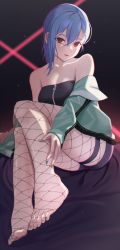 Rule 34 | 1girl, absurdres, asymmetrical hair, bare shoulders, barefoot, black shorts, blue hair, breasts, cleavage, feet, fishnet pantyhose, fishnets, foot focus, full body, green jacket, green nails, hair ornament, hairclip, highres, horai sennkyo, jacket, leaning to the side, love live!, love live! superstar!!, medium breasts, nail polish, off shoulder, pantyhose, parted lips, red eyes, short hair, shorts, sitting, solo, strapless, thigh strap, toenail polish, toenails, wakana shiki, zipper, zipper pull tab