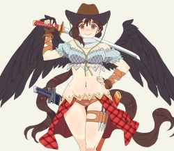 Rule 34 | 1girl, adapted costume, arm strap, bare shoulders, black wings, blue shirt, breasts, brown eyes, brown gloves, brown hair, brown headwear, brown panties, brown sarong, cleavage, commentary request, cowboy hat, cowboy shot, crop top, feathered wings, fingerless gloves, frilled skirt, frilled sleeves, frills, gloves, gluteal fold, grey background, hand on own hip, hat, highres, holding, holding sword, holding weapon, horse girl, horse tail, jean (jean sp), katana, knife, kurokoma saki, long hair, looking at viewer, medium breasts, midriff, navel, off-shoulder shirt, off shoulder, panties, pegasus wings, plaid, plaid sarong, plaid shirt, ponytail, sarong, scabbard, sheath, sheathed, shirt, short sleeves, simple background, skindentation, skirt, smile, stomach, sword, tail, thigh strap, thighhighs, thighs, touhou, underwear, weapon, wide hips, wings