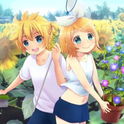 Rule 34 | 1boy, 1girl, :d, absurdres, blonde hair, blue eyes, blue shorts, blurry, blurry background, blush, bow, breasts, brother and sister, butterfly net, cage, collarbone, commentary, cowboy shot, crop top, day, field, flower, flower field, flower pot, hair between eyes, hair bow, hair ornament, hair ribbon, hairclip, hand net, harutani rio, highres, holding, holding butterfly net, holding cage, holding flower pot, holding pot, kagamine len, kagamine rin, lens flare, looking at viewer, midriff, morning glory, navel, open mouth, outdoors, plant, pot, potted plant, ribbon, shirt, short hair, short ponytail, short sleeves, shorts, siblings, sidelocks, small breasts, smile, standing, summer, sunflower, sunflower field, t-shirt, teeth, twins, vocaloid, white shirt