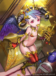 Rule 34 | armlet, armor, asymmetrical wings, bikini armor, bird, blue hair, boots, claw (weapon), coin, demon girl, feathered wings, from above, full body, gold, highres, horns, jewelry, kim jin sung, mole, mole under eye, mouth hold, necklace, original, pearl necklace, pointy ears, short hair, sitting, solo, sparkle, thigh gap, thighhighs, tiara, treasure, treasure chest, weapon, wings