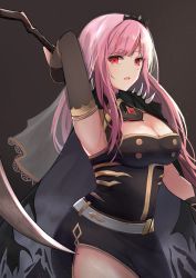 Rule 34 | 1girl, arm behind head, armpits, belt, black dress, breasts, capelet, dress, gem, highres, holding, hololive, hololive english, large breasts, long hair, looking at viewer, mori calliope, open mouth, pink eyes, pink hair, scythe, shoulder spikes, shuuzo3, simple background, solo, spikes, thighs, tiara, veil, virtual youtuber