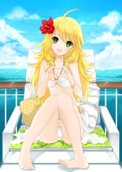Rule 34 | 1girl, :d, ahoge, barefoot, bikini, blonde hair, blush, bracelet, breasts, cameltoe, chair, cleavage, cloud, day, feet, flower, full body, green eyes, hair flower, hair ornament, halterneck, halterneck, heart, heart hands, hibiscus, hoshii miki, idolmaster, idolmaster (classic), jewelry, juna, long hair, looking at viewer, lounge chair, medium breasts, o-ring, o-ring top, ocean, open mouth, sarong, sitting, sky, smile, solo, sparkle, swimsuit, water