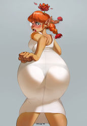 Rule 34 | 10s, 1girl, ass, bent over, blue eyes, blush, braid, coke-bottle glasses, curvy, dress, flower, flower on head, freckles, freckles (space dandy), glasses, grey background, huge ass, knees together feet apart, leaning forward, looking at viewer, looking back, open mouth, orange hair, pantylines, pointy ears, see-through, signature, simple background, solo, space dandy, thong, triuni, twin braids, white dress
