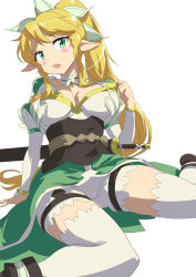 Rule 34 | 10s, 1girl, blonde hair, blush stickers, breasts, choker, cleavage, elf, green eyes, highres, large breasts, leafa, pointy ears, simple background, solo, sword, sword art online, tashiromotoi, thighhighs, weapon, white background, white thighhighs
