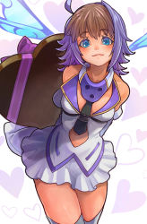 Rule 34 | ahoge, blue eyes, box, breasts, brown hair, clothing cutout, commentary request, cowboy shot, detached sleeves, dyed bangs, echo (mff), fairy, fairy wings, final fantasy, heart, heart-shaped box, heart background, highres, mobius final fantasy, multicolored hair, navel cutout, necktie, payu (pyms11), purple hair, skirt, small breasts, solo, thighhighs, two-tone hair, white skirt, wings