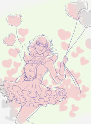 Rule 34 | 1girl, ace attorney, arm at side, balloon, buttons, closed mouth, clown nose, collar, cowboy shot, crying, crying with eyes open, elbow gloves, frilled shirt, frilled skirt, frills, geiru toneido, gloves, hand up, heart, heart balloon, holding, holding balloon, looking at viewer, medium hair, miniskirt, monochrome, nekowosuu, phoenix wright: ace attorney - spirit of justice, pink theme, shirt, short sleeves, simple background, skirt, solo, suspender skirt, suspenders, tears, white background