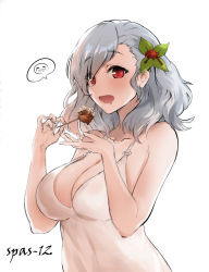 Rule 34 | 1girl, bad id, bad pixiv id, bare shoulders, black ribbon, blush, breasts, character name, cleavage, collarbone, commentary, dress, drooling, food, girls&#039; frontline, hair between eyes, hair ribbon, highres, large breasts, long hair, looking at viewer, mouth drool, open mouth, red eyes, ribbon, see-through, silver hair, simple background, solo, spas-12 (girls&#039; frontline), speech bubble, suru (ksoo420), twintails, upper body, white dress