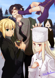 Rule 34 | 1boy, 2011, 4girls, absurdres, age difference, ahoge, artoria pendragon (all), artoria pendragon (fate), bad id, bad pixiv id, blurry, bowl, ch3507, chopsticks, dated, day, emiya kiritsugu, family, fate/stay night, fate/zero, fate (series), father and daughter, food, food on face, formal, fur hat, hat, highres, hisau maiya, illyasviel von einzbern, irisviel von einzbern, kicking, long hair, mother and daughter, multiple girls, pant suit, pants, ponytail, red eyes, rice bowl, saber (fate), snow, suit, white hair