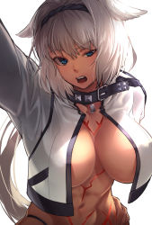 Rule 34 | 1girl, abs, akinaie, animal ears, backlighting, bikini, black bikini, blue eyes, body markings, breasts, caenis (fate), collar, collarbone, dark-skinned female, dark skin, fate/grand order, fate (series), hairband, highres, jacket, long hair, long sleeves, looking at viewer, navel, open clothes, open jacket, open mouth, outstretched arm, ponytail, pubic tattoo, solo, swimsuit, tattoo, toned, white hair, white jacket